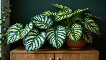 a calathea with patterned leaves on a cabinet. photo
