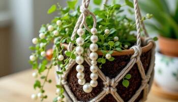 a string of pearls hanging in a macrame planter. photo