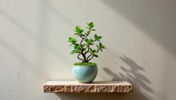 a small jade plant on a floating shelf. photo