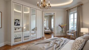 a stylish bedroom with mirror paneled wardrobe doors. photo