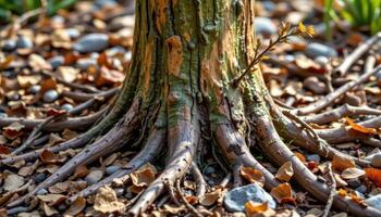 a rubber tree surrounded by natural materials. photo
