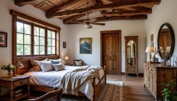 a rustic bedroom with reclaimed wood furniture. photo