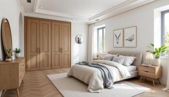 a scandinavian style bedroom with neutral tones. photo