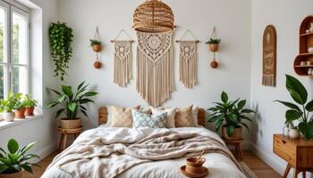 a boho bedroom with macrame wall hangings and plants. photo