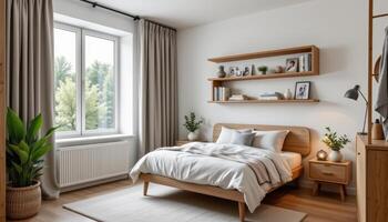 a small bedroom with floating shelves and a single bed. photo