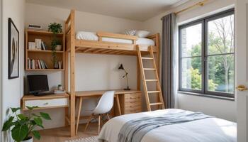 a small bedroom with a loft bed and desk underneath. photo