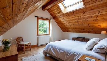 a cozy attic bedroom with slanted ceiling and skylight. photo