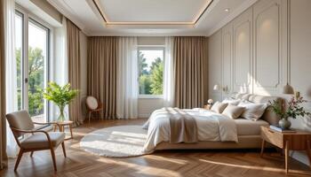 a bedroom with herringbone wooden flooring and soft drapes. photo