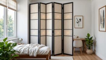 a clean and organized room with folding screen dividers. photo