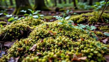 a forest floor covered in moss and small ferns. photo