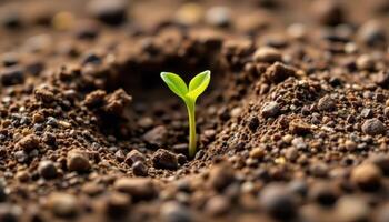 a macro shot of a sprouting seed breaking soil. photo