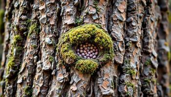 a tree trunk with textured bark and moss. photo