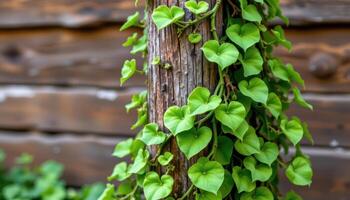 a green vine spiraling around a wooden pole. photo
