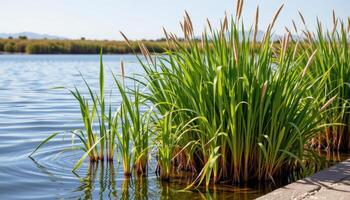 a group of papyrus plants by the water's edge. photo