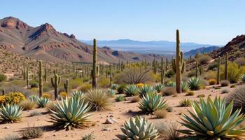 a desert landscape dotted with agave plants. photo
