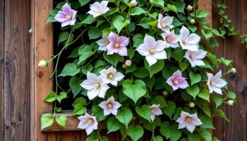 a clematis vine climbing a rustic wooden frame. photo
