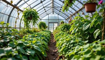 a greenhouse filled with lush green plants. photo