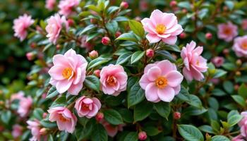 a camellia shrub with pink flowers in bloom. photo