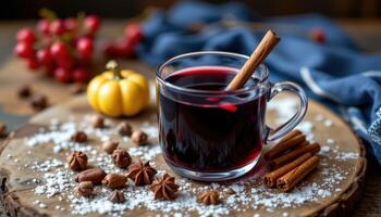 a cup of hot mulled wine with spices. photo