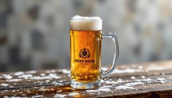 a frothy beer in a cold glass stein. photo