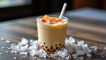 a milk tea with jelly cubes and crushed ice. photo