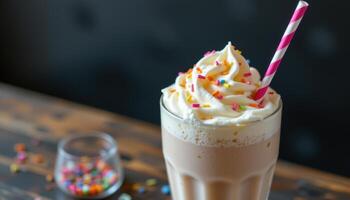 a milkshake with whipped cream and sprinkles. photo