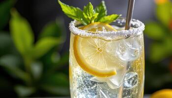 a sparkling lemon soda with a sugar rim. photo