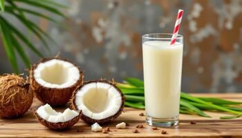 a coconut water drink with pulp in glass. photo