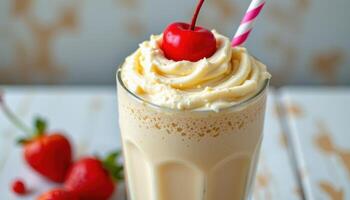 a creamy vanilla milkshake with a cherry on top. photo