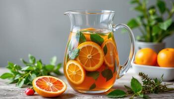 a pitcher of iced herbal tea with floating citrus slices. photo