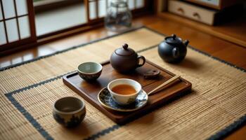a traditional japanese tea set on a bamboo mat. photo