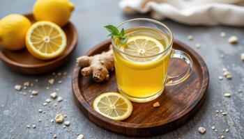 a ginger tea with lemon slices on a wood tray. photo