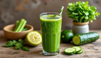 a fresh green juice with celery and cucumber. photo