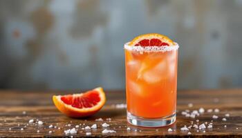 a grapefruit soda in a glass with coarse salt rim. photo