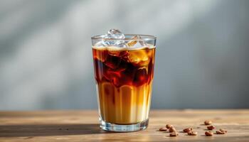 a clear cup with cold brew coffee and ice. photo