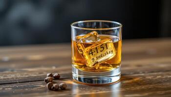 a glass tumbler with neat whiskey and ice. photo
