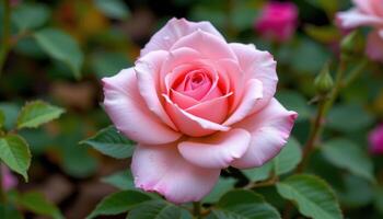 a blooming pink rose with dew drops on velvet petals. photo
