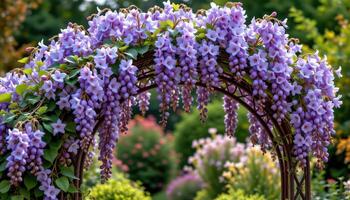a garden arch covered in purple wisteria blooms. photo