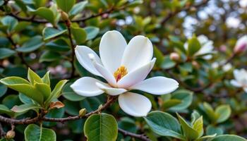a magnolia blossom surrounded by green foliage. photo