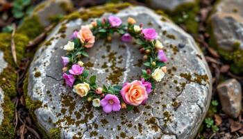 a flower crown laid on a mossy stone. photo