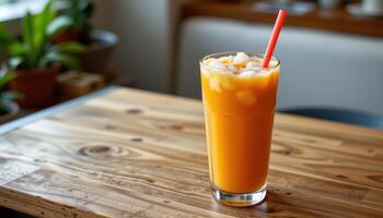 a thai iced tea with creamy orange color. photo
