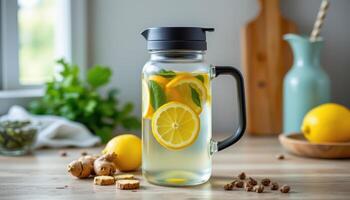 a clear thermos of hot ginger lemon water. photo