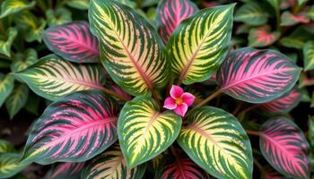 a maranta plant with vibrant patterned leaves and blooms. photo
