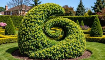a topiary shrub shaped like a spiral, well trimmed. photo