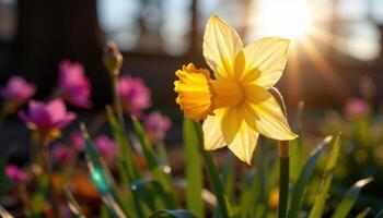 a close up of a daffodil glowing in morning light. photo
