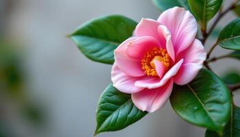 a camellia flower in soft pink resting on green leaves. photo