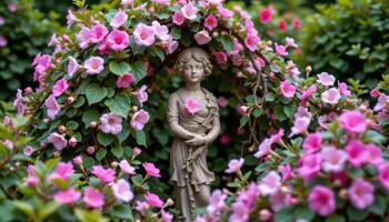 a garden sculpture surrounded by flowering vines. photo