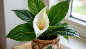 a decorative pot with blooming peace lily. photo