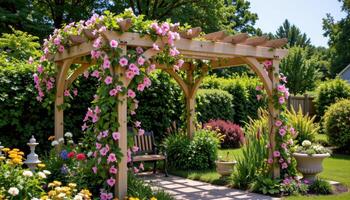 a garden pergola covered in blooming vines. photo