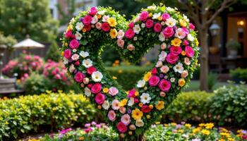 a floral topiary shaped like a heart. photo